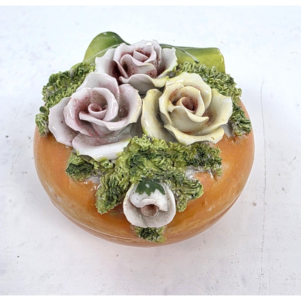 Vtg Capodimonte Style Rose Porcelain Trinket Box 3D Flowers 2.5" Japan Luster